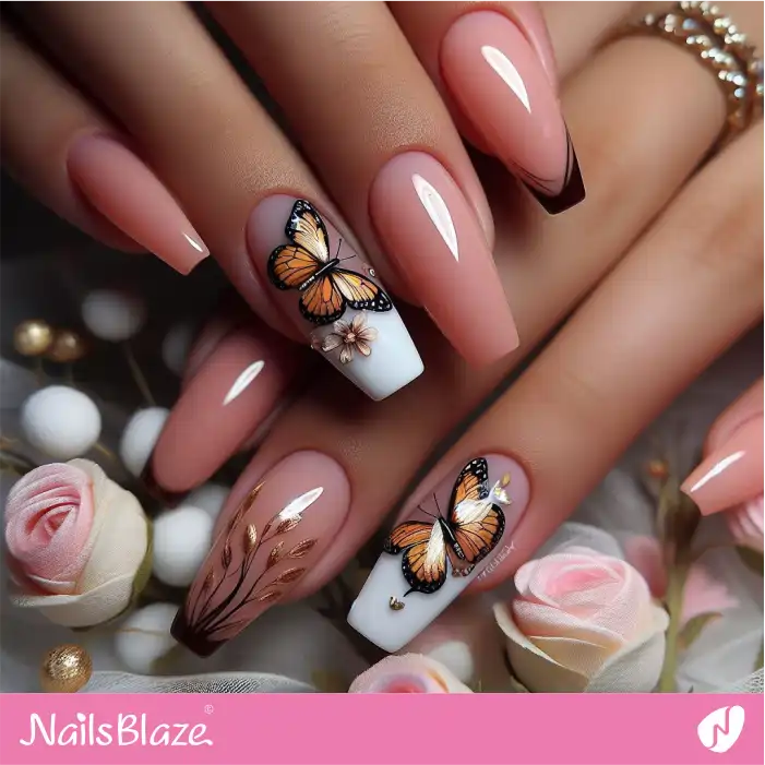 Long Glossy Peach Fuzz Nails with Butterflies | Color of the Year 2024 - NB1828